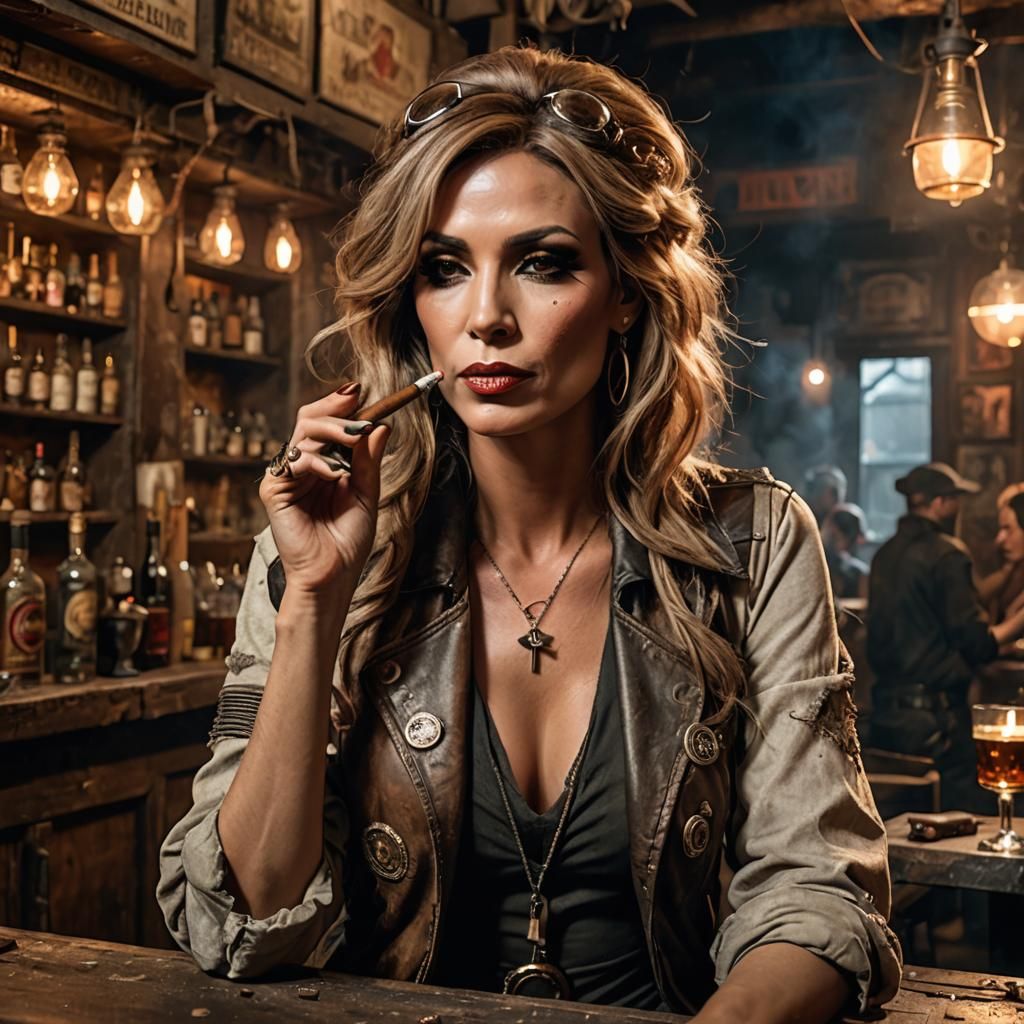 Transgender Woman Smoking Cigar in Apocalyptic Bar