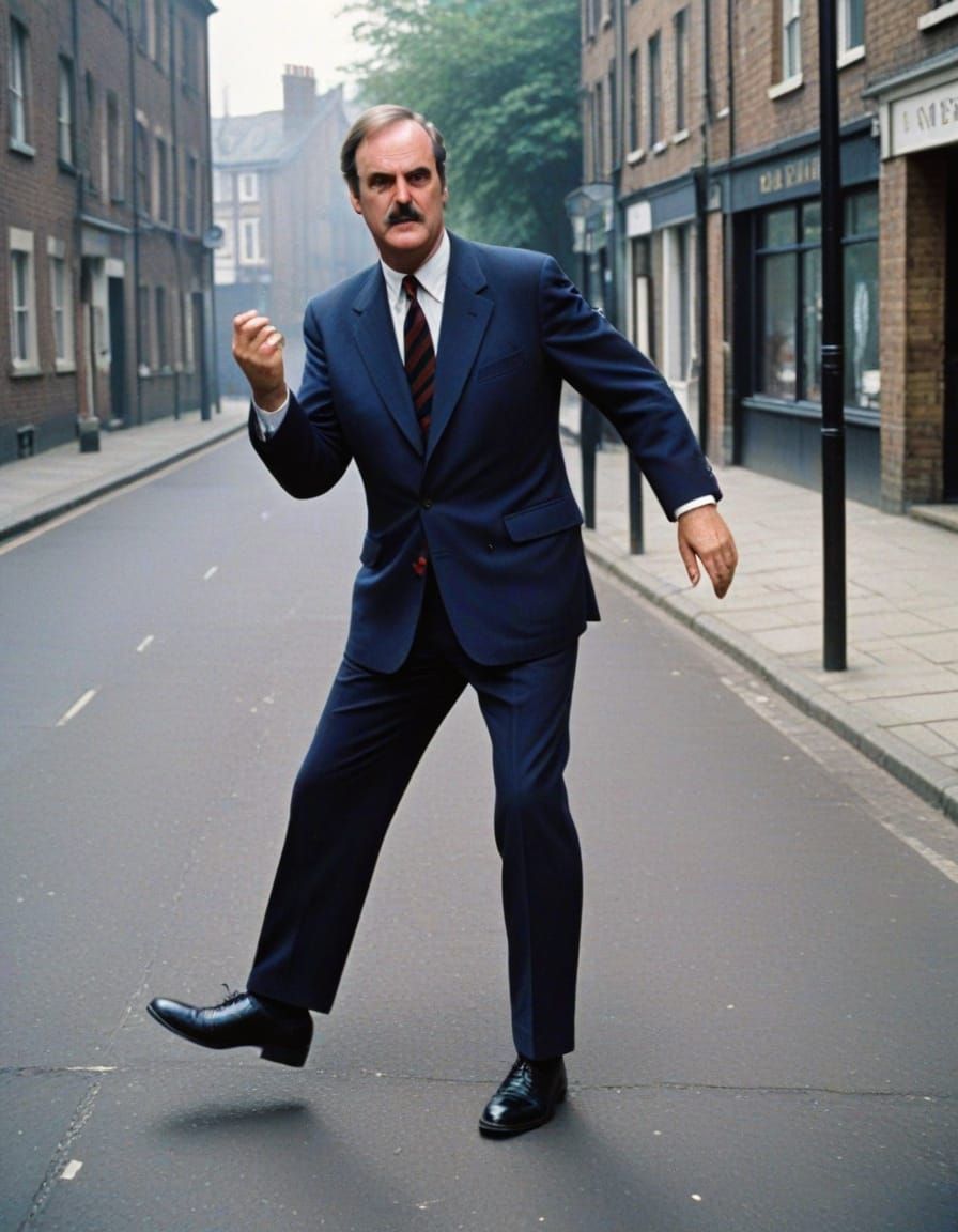 John Cleese Performs Silly Walk in Monty Python Style