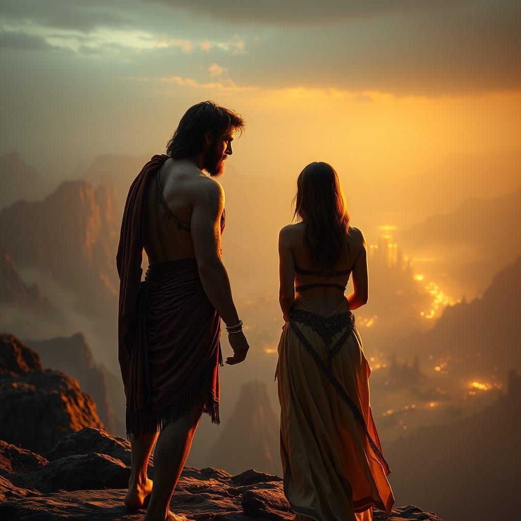 Adam and Eve at the Threshold of a New World in a Cyberpunk-...