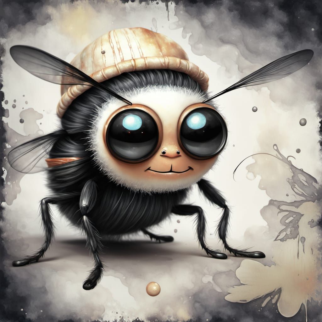 Kawaii Housefly Character in Vintage Abstract Style