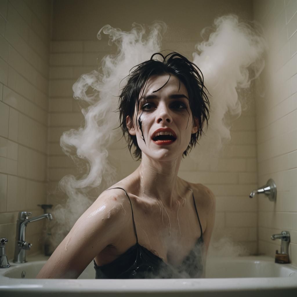 Emo Vampire Shaving in Misty Bathroom: Cinematic Still