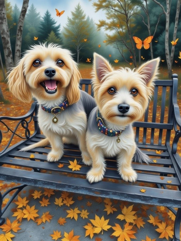 Yorkies in Autumnal Splendor with Golden Butterflies
