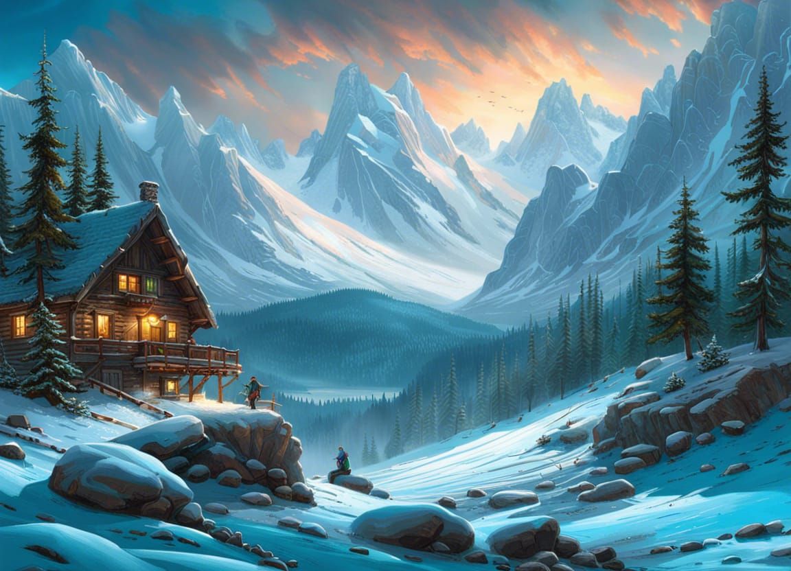 Cozy Cabin in Frozen Alpine Tundra Painting