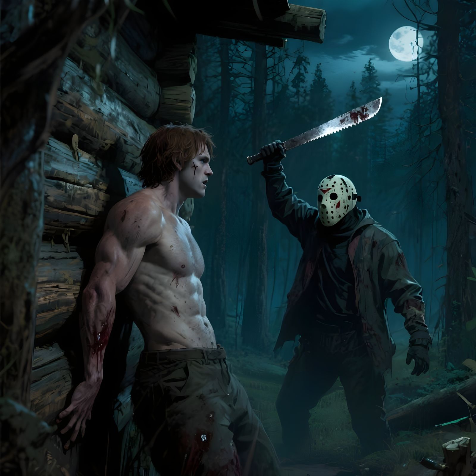 Muscular Man Cornered by Masked Attacker Outside Cabin