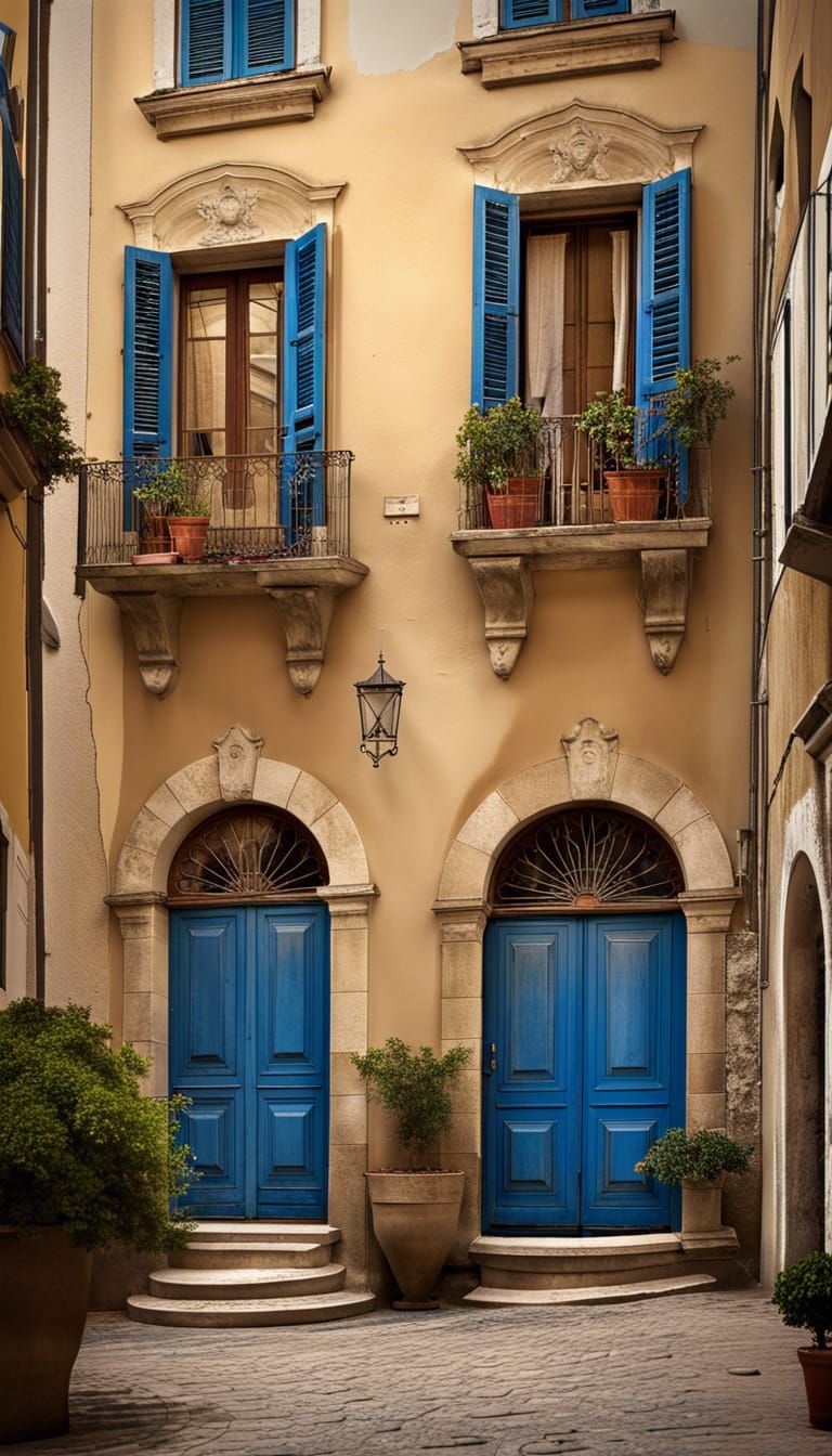 Historic Italian Building with Blue Shutters Photo