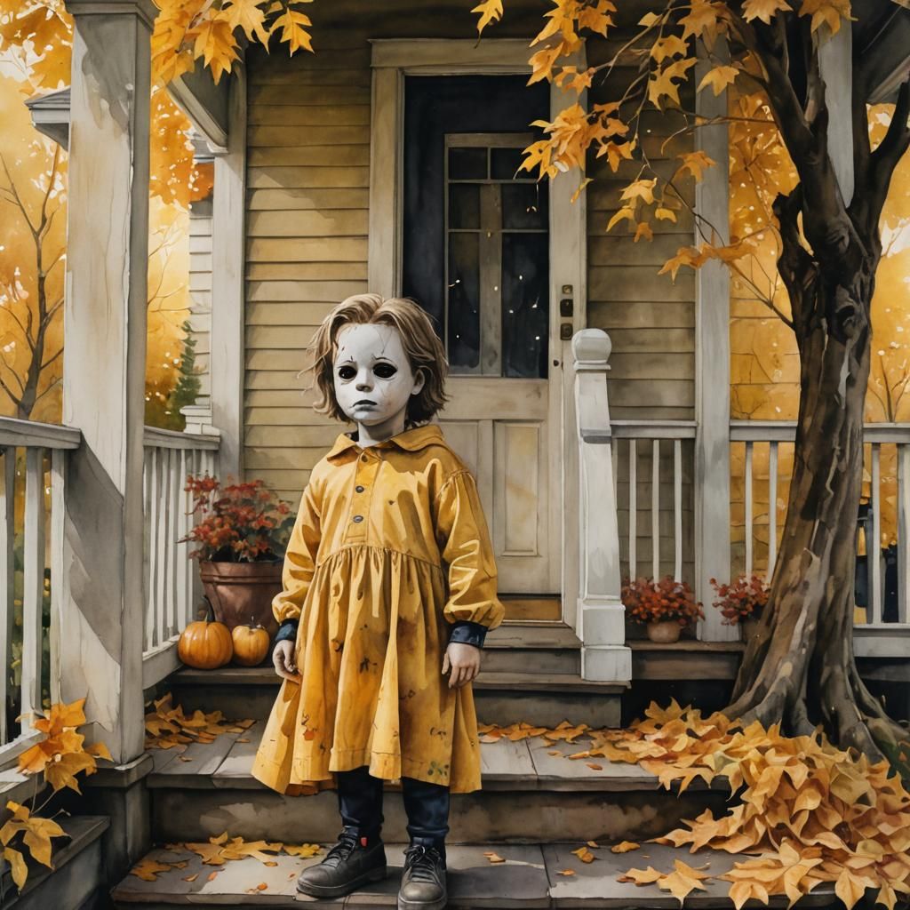 Eerie Watercolor: Child Michael Myers in Autumn