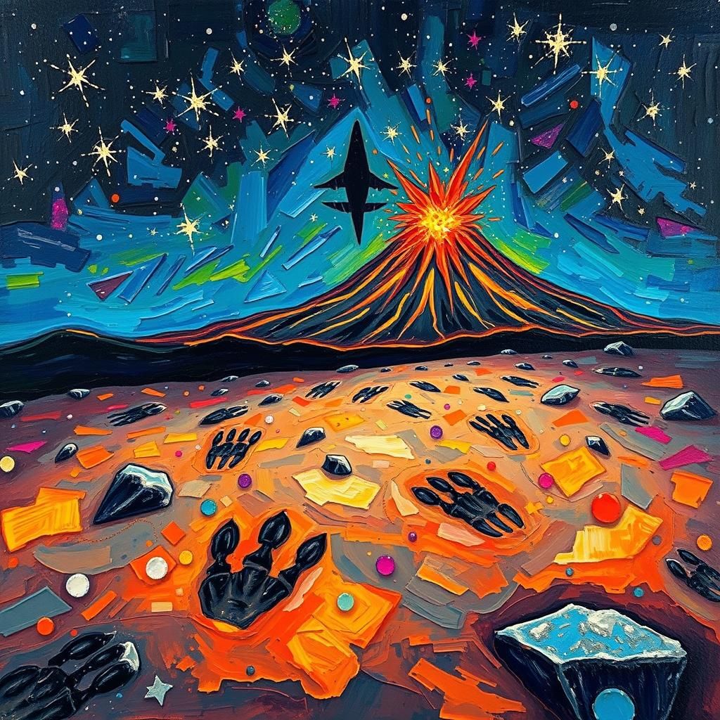 Theropod Footprints in Volcanic Ash, Impasto Painting