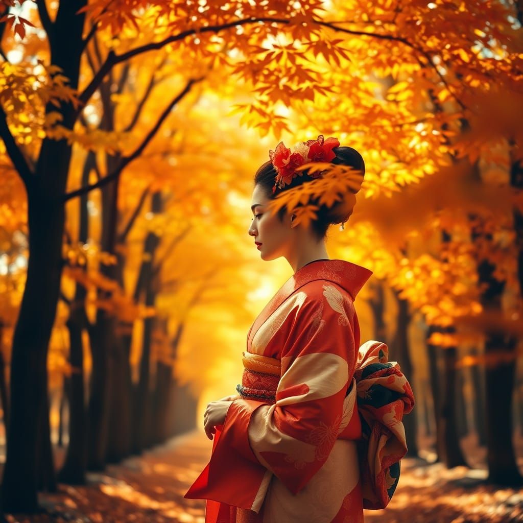 Geisha in Autumn Forest Double Exposure