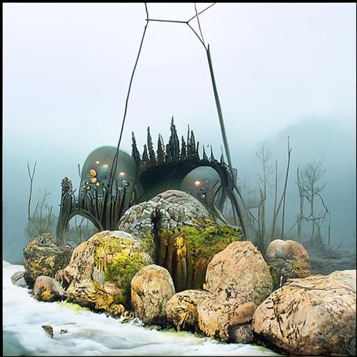Surreal Vegetation in Misty Hollow: Photorealistic Rendering