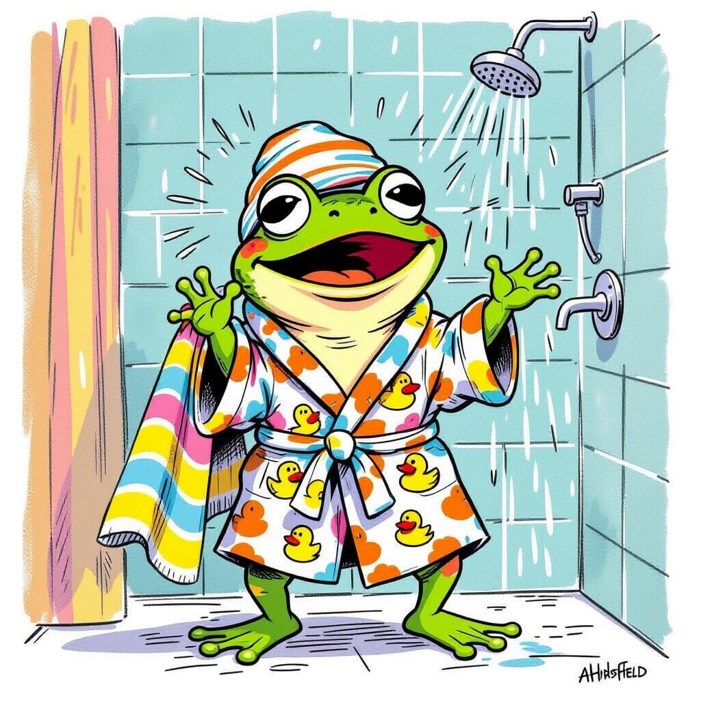 Surprised Frog Steps Out of Shower, Cartoon Style