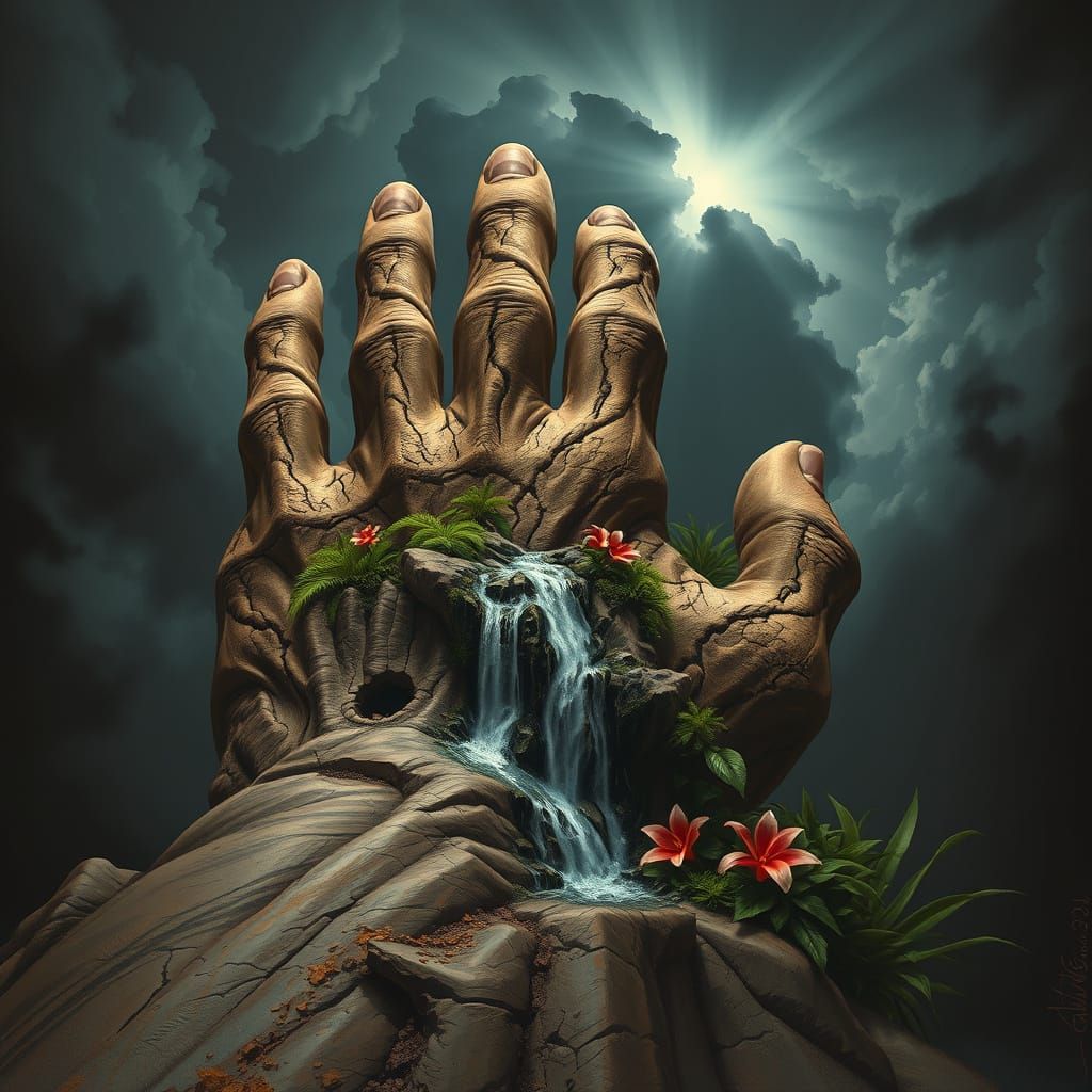 Colossal Hand Emerges Holding Waterfall, Dramatic Digital Ar...