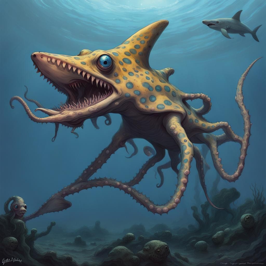 Horrific Hybrid: Octopus and Shark Fusion in Doré Style