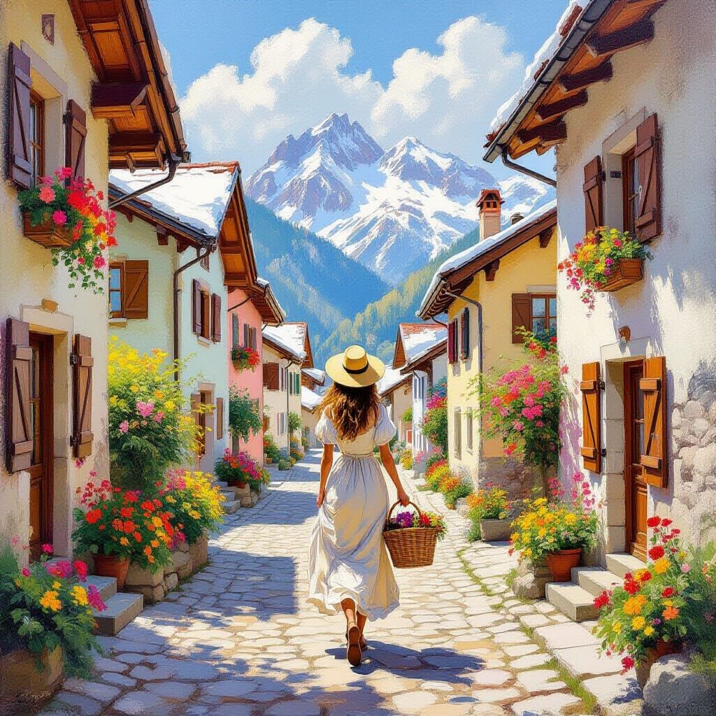 Alpine Village Scene in Impressionistic Style