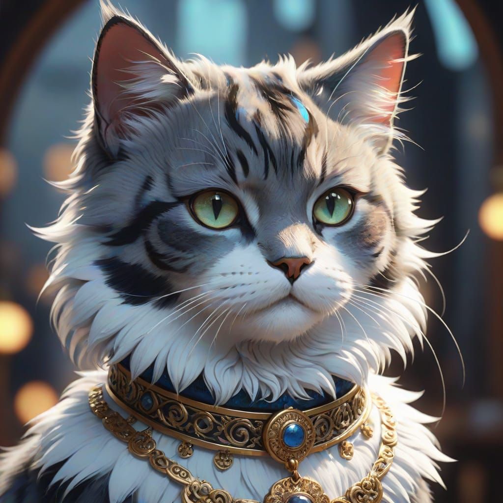Fluffy Cat with Ornate Collar in 3D Anime Style