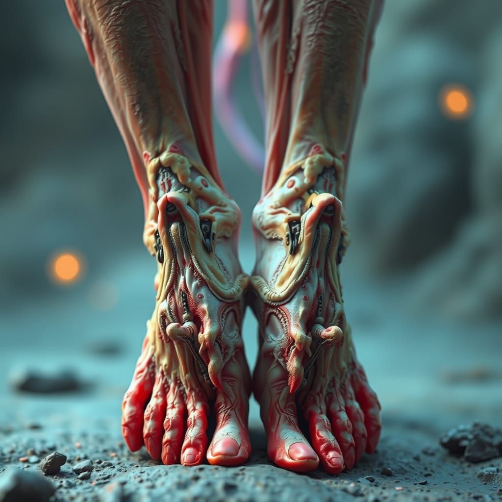 cluster of human feet fused into creature in surreal photo.