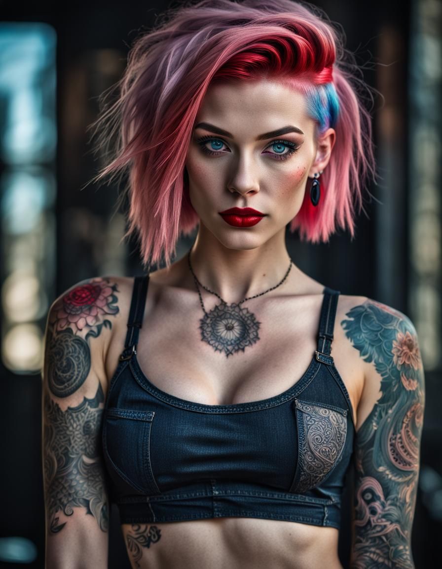 Hyperrealistic Teen Girl with Tattoos and Pink Hair