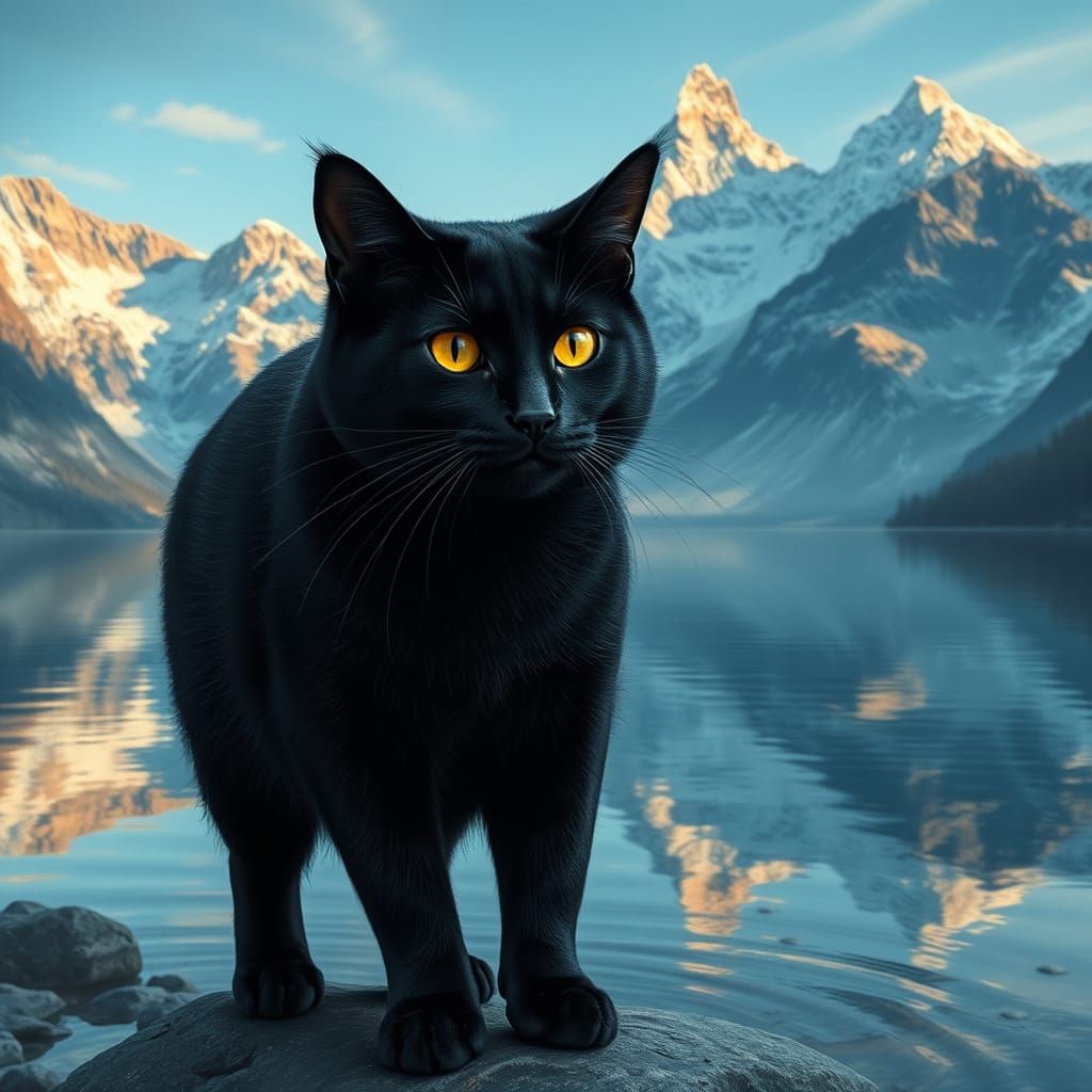 Black Cat at Mountain Lake in Detailed Matte Painting