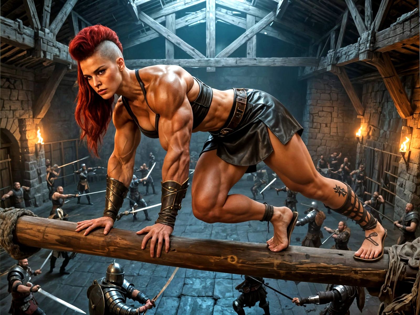 Muscular Amazon Warrior Crawls on Beams Above Training Hall