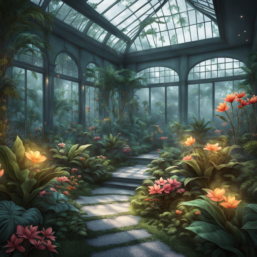 A large glass conservatory filled with exotic, magical plant...