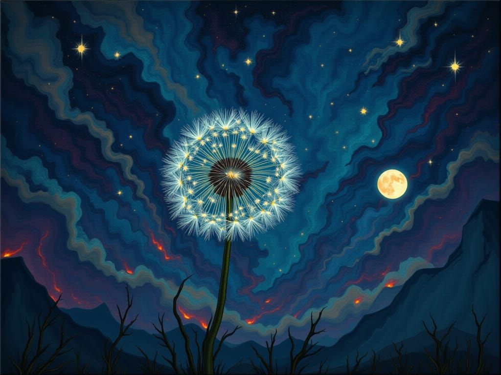 Bioluminescent Dandelion Floats Under Cosmic Moon