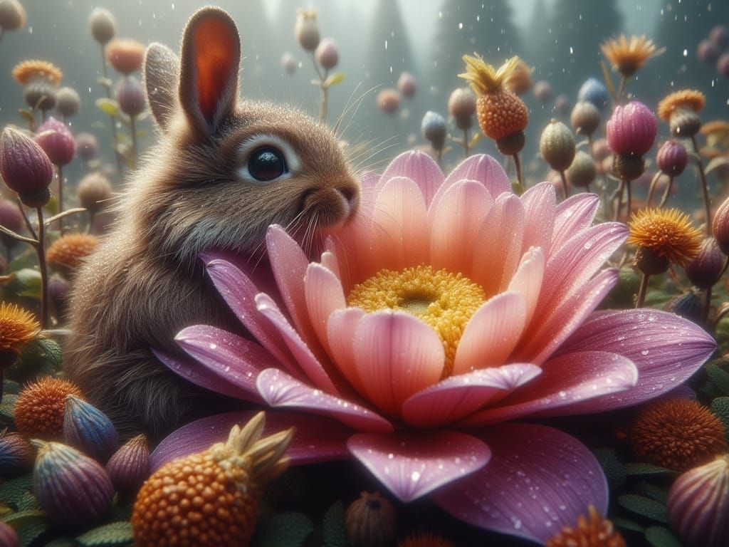 Giant Hyperrealistic Bunny on Dew-Kissed Flower