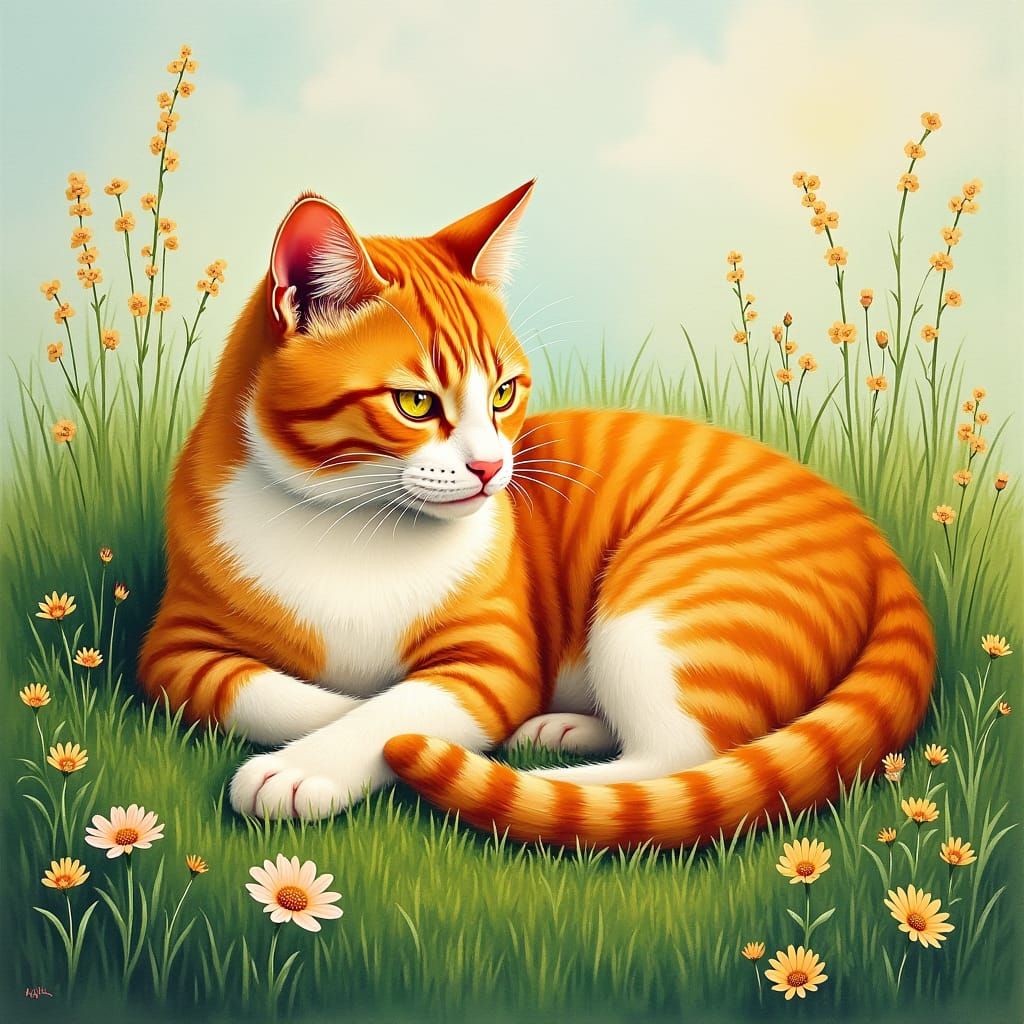 Orange Cat in Impressionist Meadow