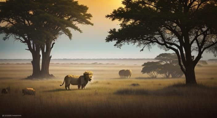Majestic Lions in Savannah Landscape: Wildlife Photography