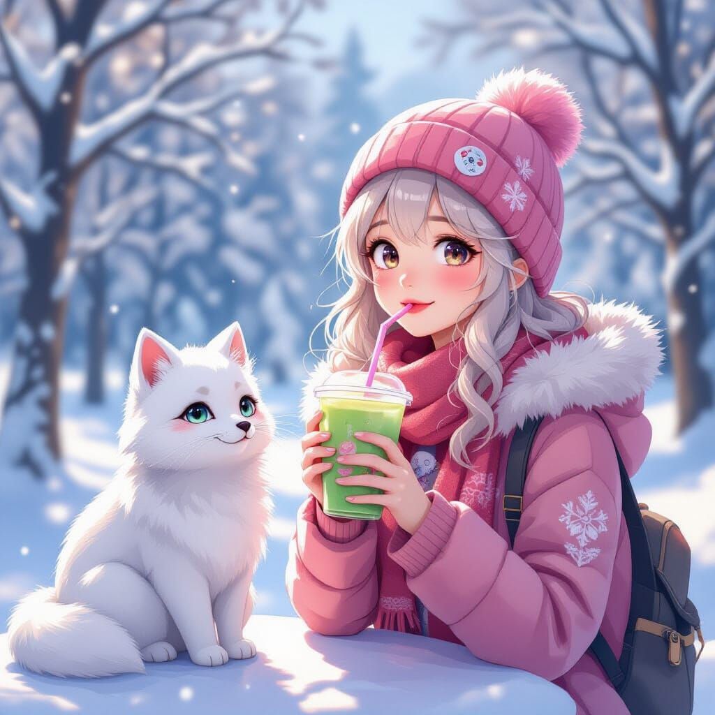 Girl with Pink Hair and Arctic Fox Enjoying Bubble Tea