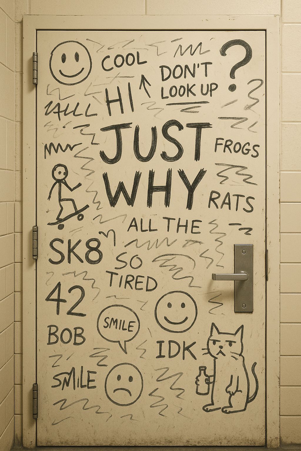 Vandalized Bathroom Door with Random Graffiti