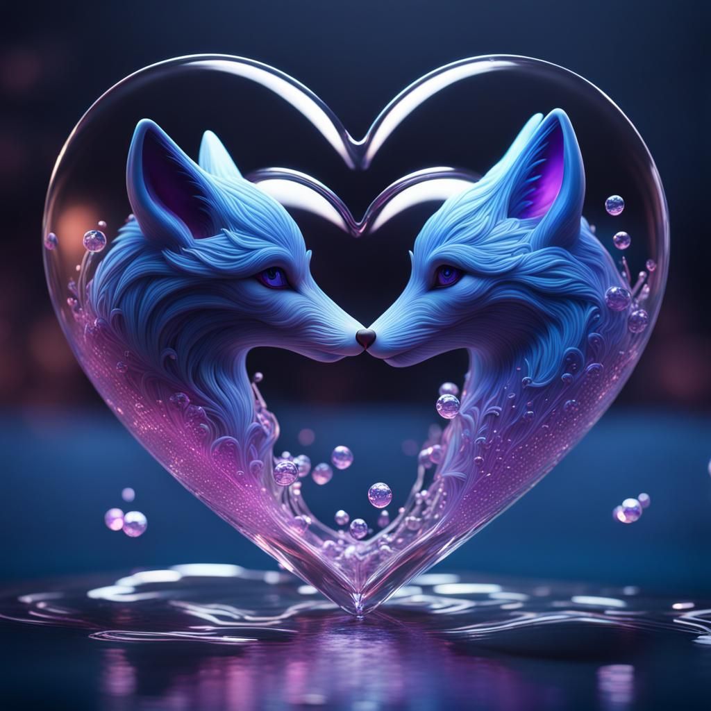Blue and Purple Foxes in Heart Water: Fantasy Art