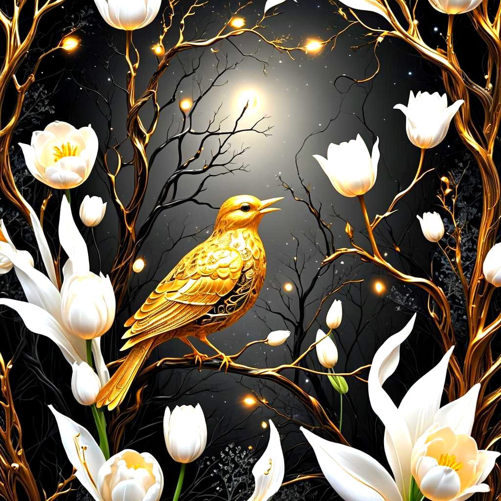 Bioluminescent Bird and Tulip in Forest, 3D Shading