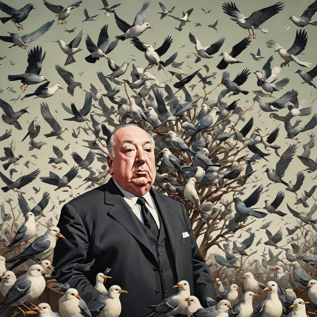 Alfred Hitchcock Caricature Overrun with Birds