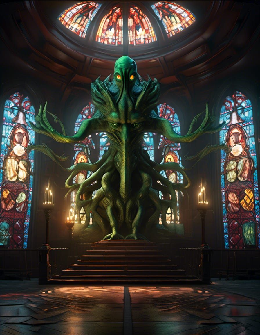 Stained Glass Cthulhu Destroys World in Sinister Art