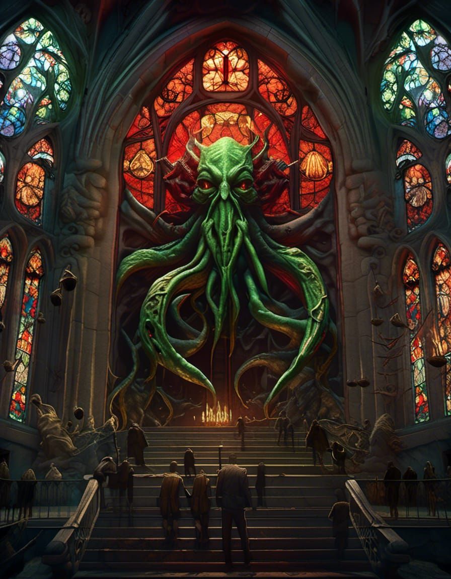 Cthulhu Destroys World: Stained Glass Digital Art
