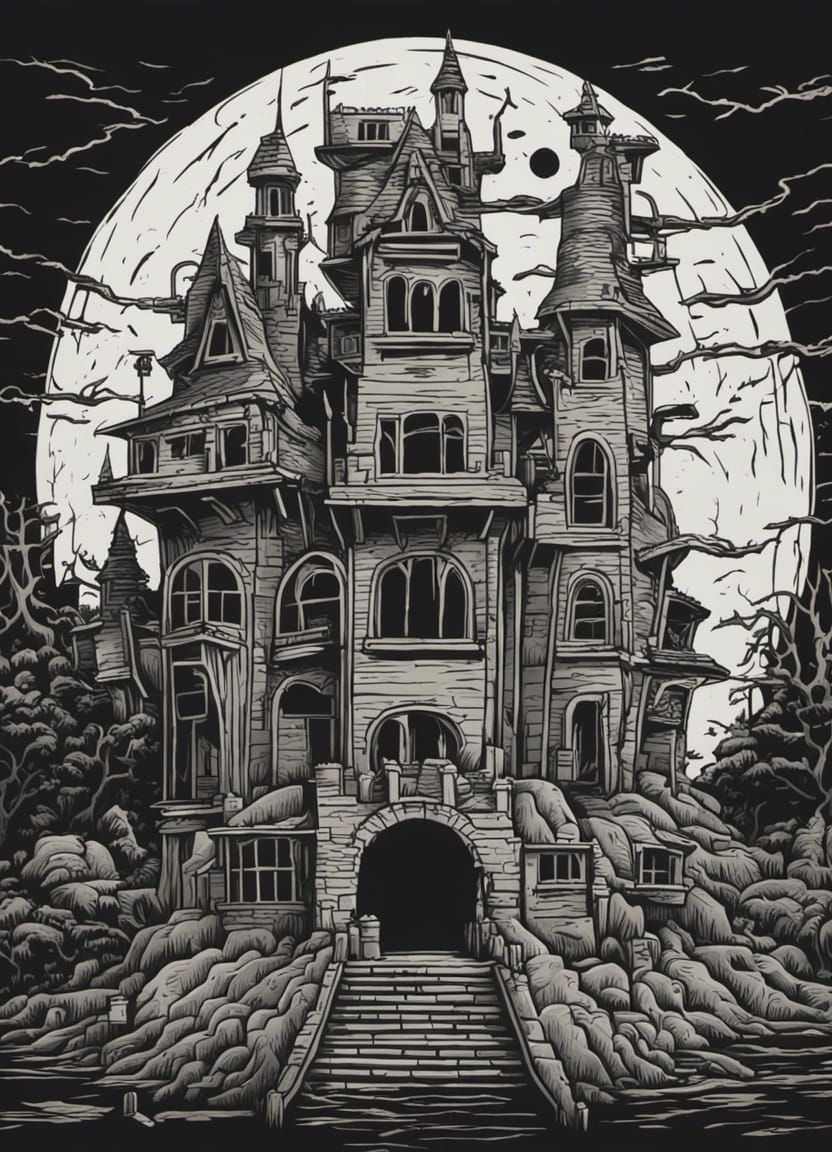 Bisected Horror Castle in Rick & Morty Woodcut Style