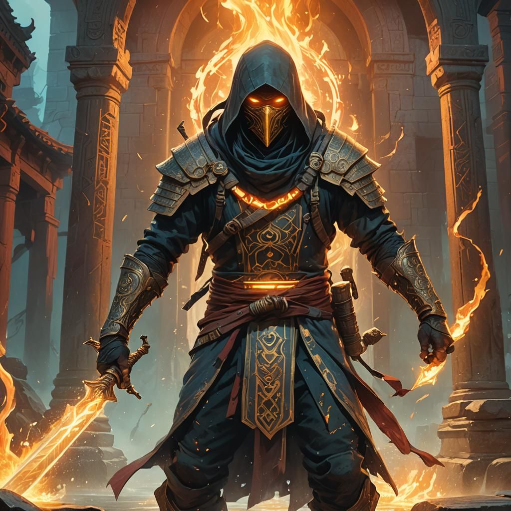 Mystical Assassin with Elemental Powers in Ancient Temple
