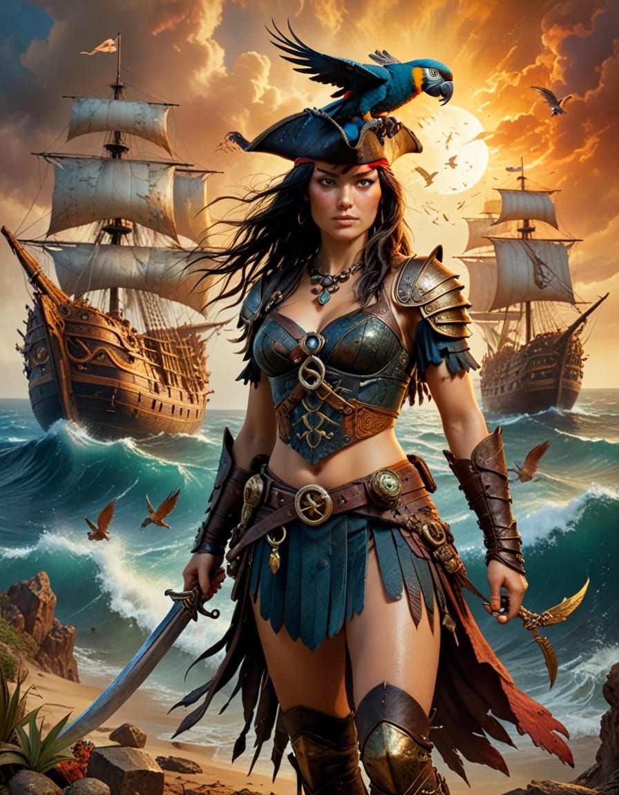 Surreal Xena as Pirate in Richly Textured Painting