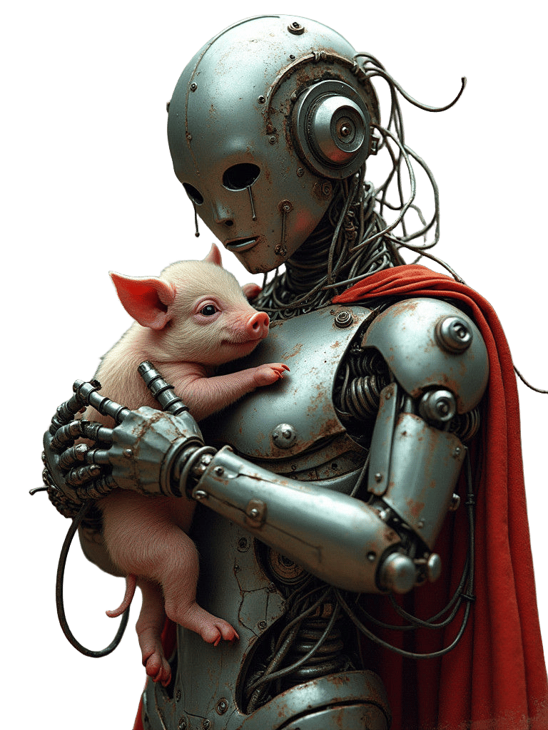 Sad Chrome Droid Protects Piglet: 80s Graffiti Sticker