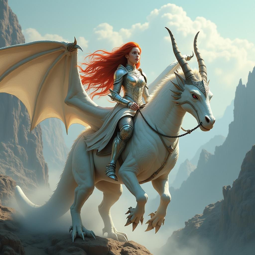 Fiery Redhead on White Dragon in Fantasy Landscape