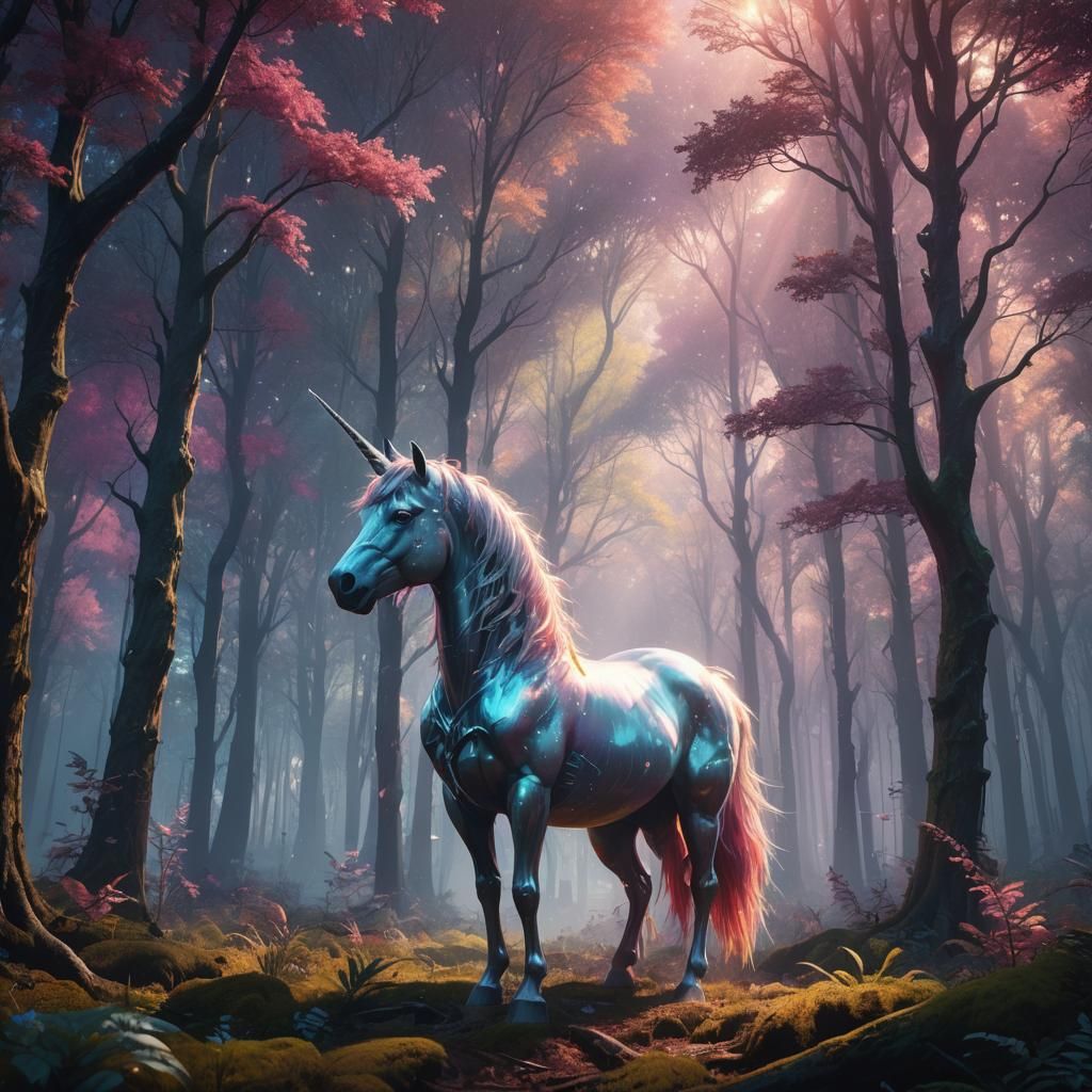 Majestic Unicorn in Iridescent Forest: Digital Art