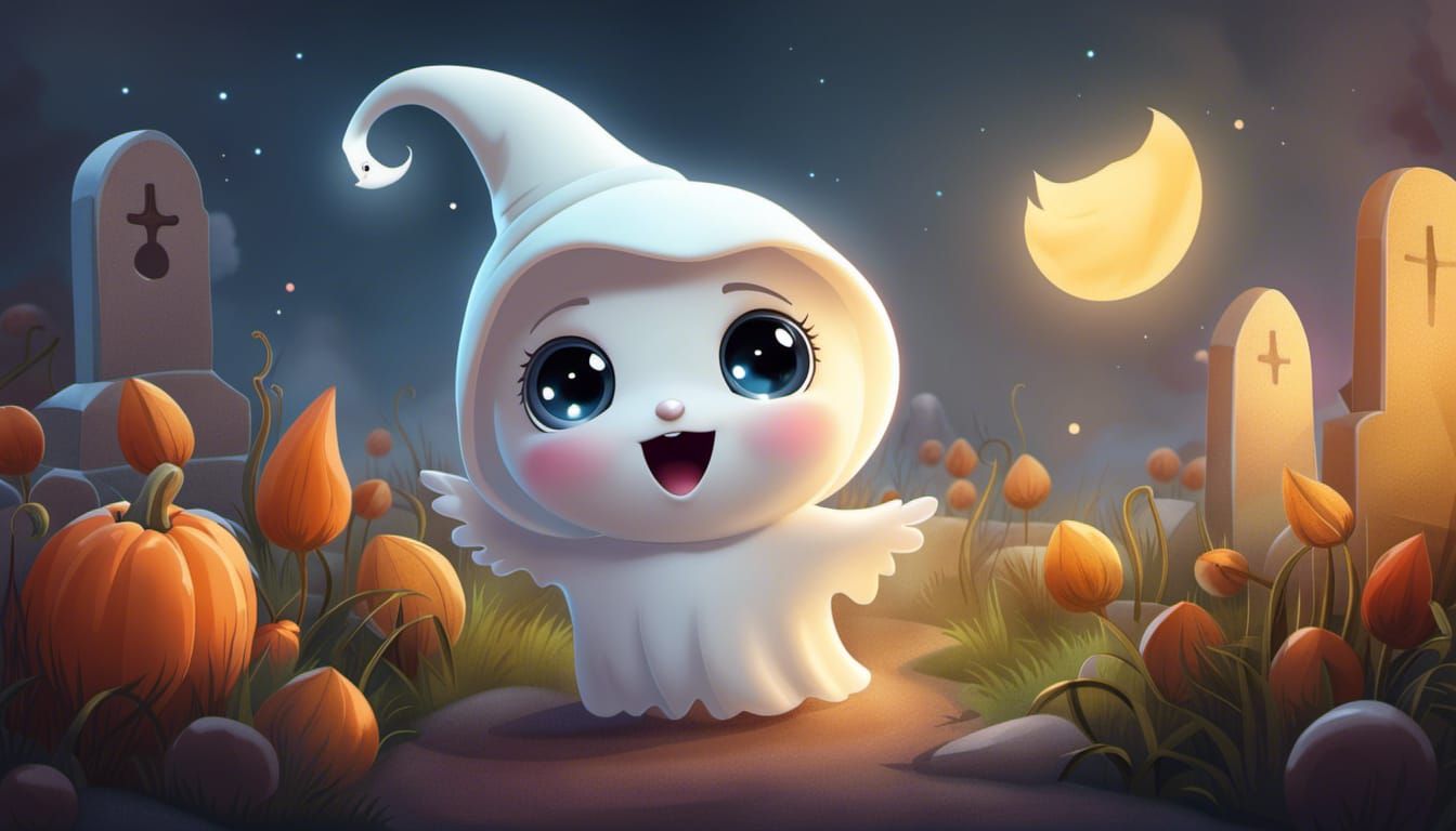 An adorable cute baby ghost with large friendly eyes, blushi...