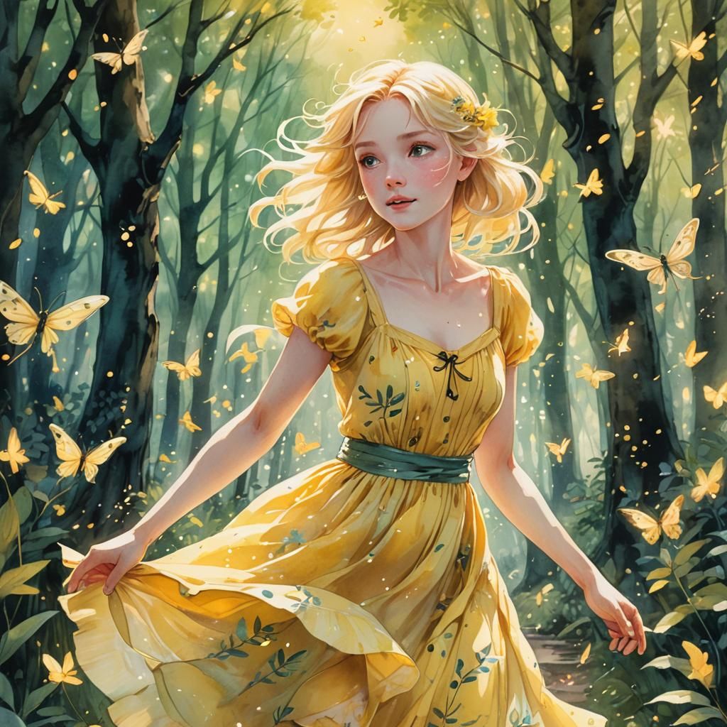 Anime Girl Running with Fairies in Dreamy Forest