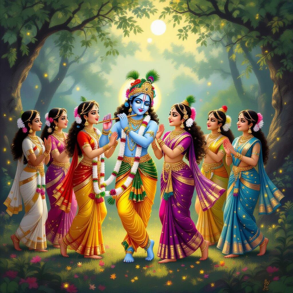 Lord Krishna Dancing with Radha and Gopis in Mystical Forest