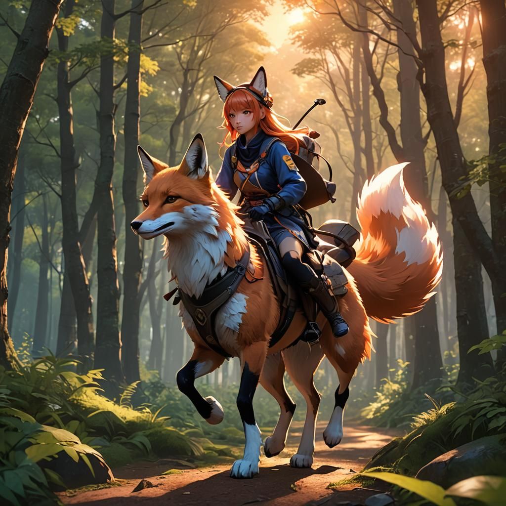 Fox Girl Rides Kitsune in Sunset Forest: Anime Art