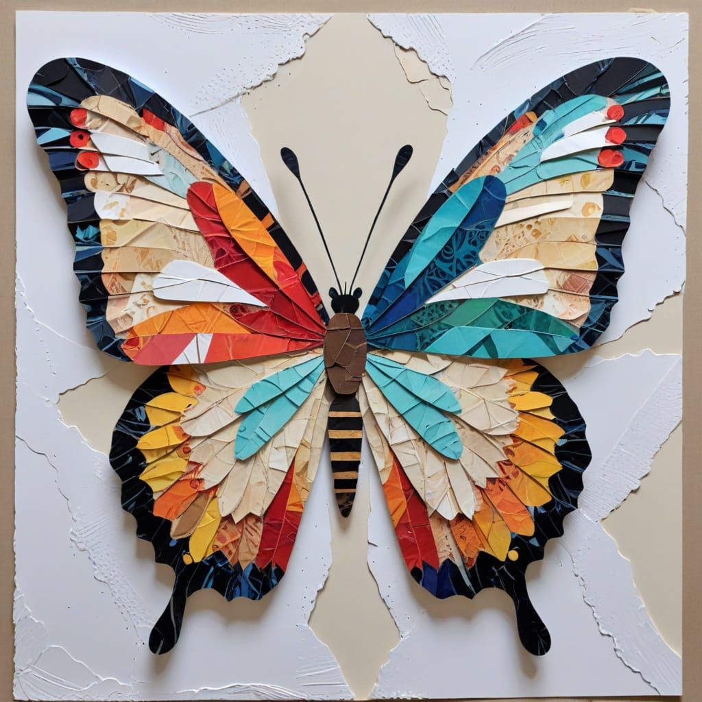 Paper Collage Butterfly With Bold Colors and Delicate Textur...