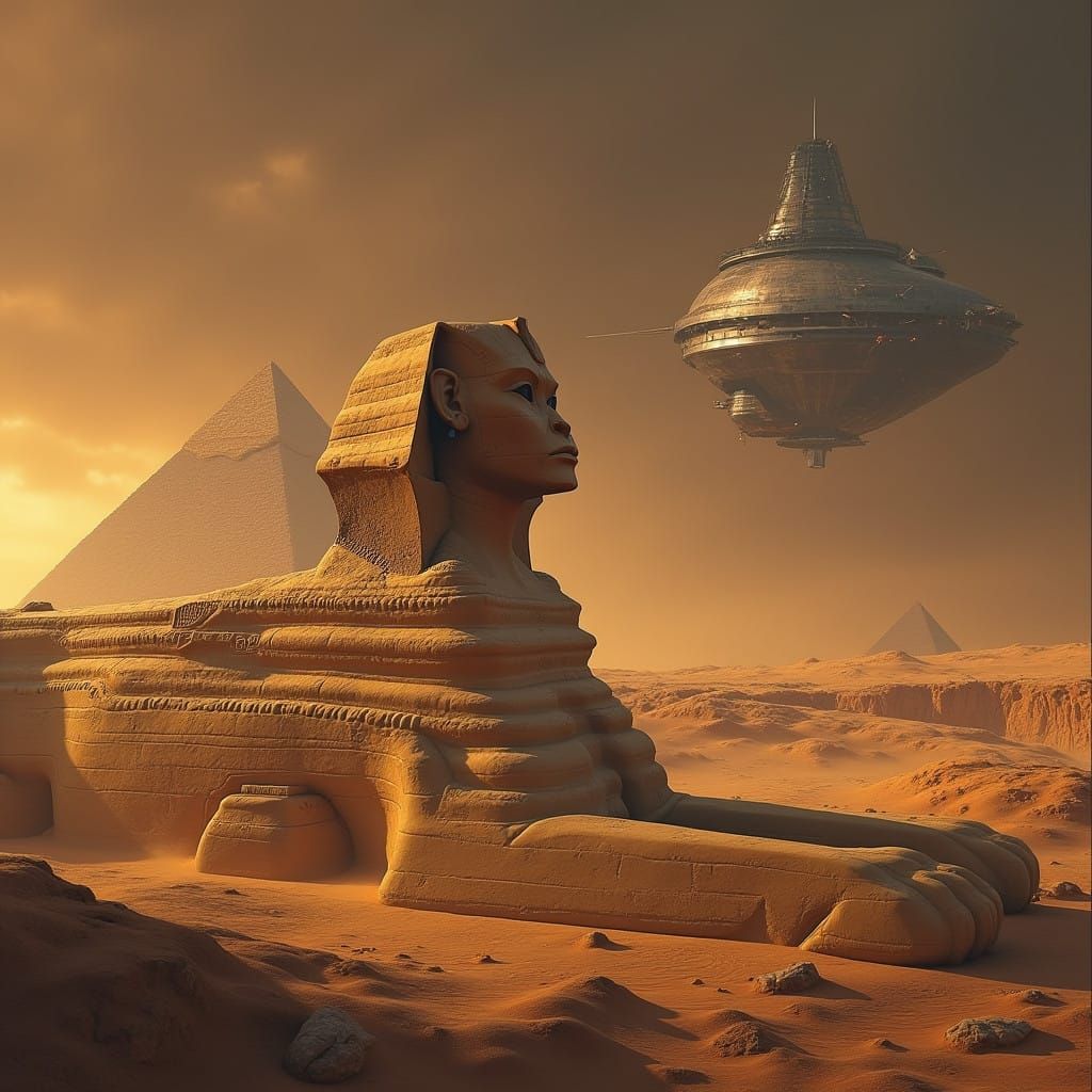 Majestic Sphinx in Golden Light, with Futuristic Spaceship a...