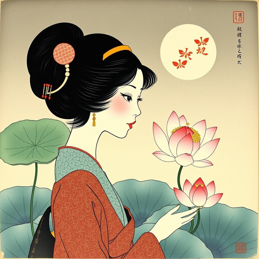 Lotus Flower in Traditional Japanese Woodblock Style