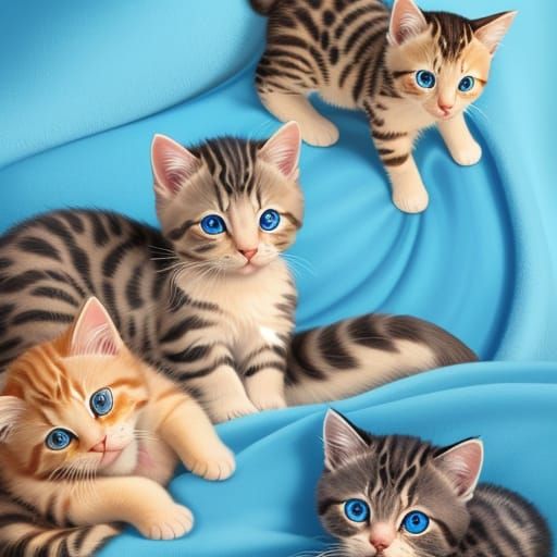 Three Adorable Kittens with Blue Eyes on Blue Rug