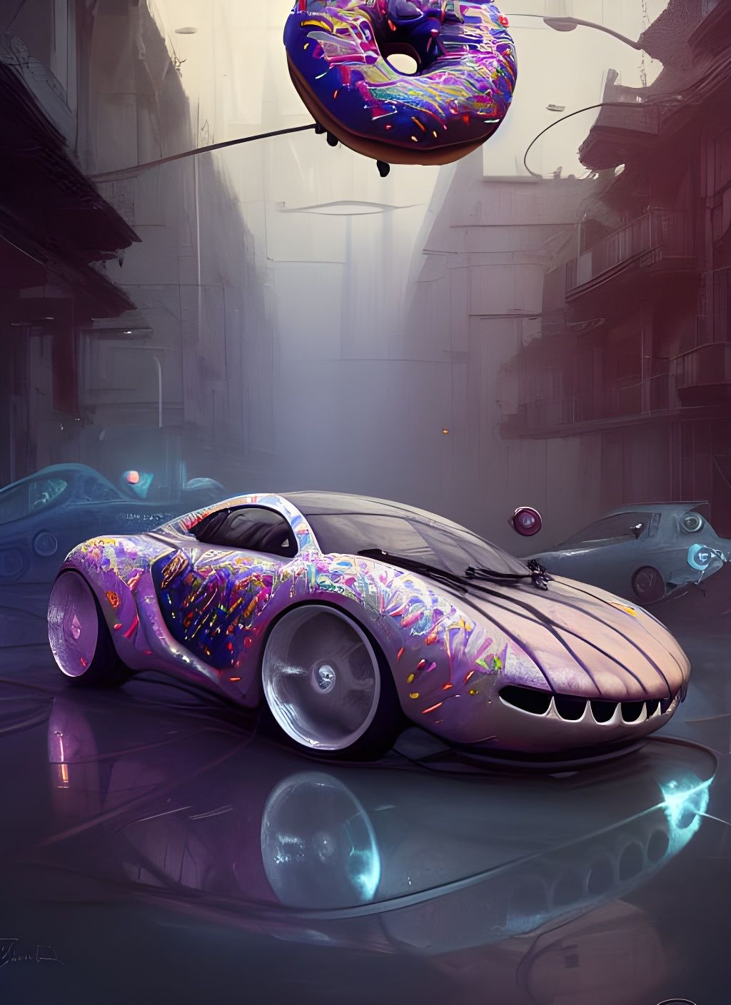 Car with Donut Wheels in Surrealist Style