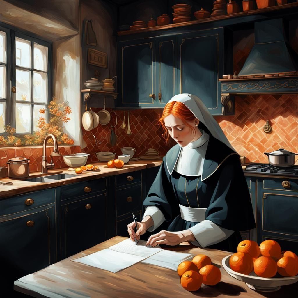 Nun Comforts Housewife in Elegant Kitchen